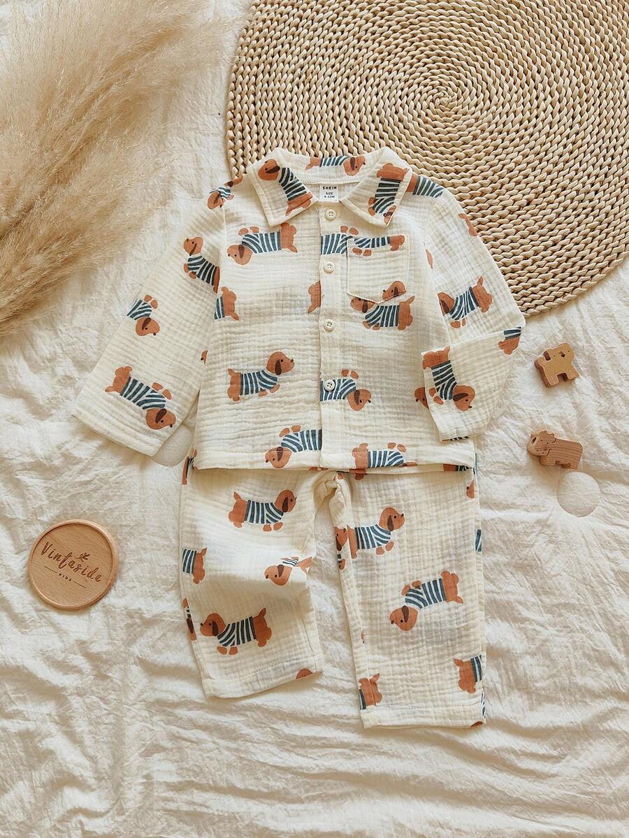 Vintaside Kids 1 Conjunto de camisa de manga larga con cuello y pantalones cómodos para niño pequeño, versátil para acampar, usar en casa, adecuado para la temporada de otoño, práctico y de moda para el tiempo libre al aire libre o en casa - Albaricoque - Ver 1