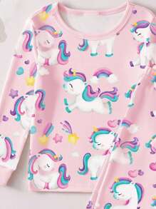 SHEIN Playful Pals 1set Baby Girls Cartoon Unicorn & Rainbow Print Snug Fit Pajama Set, Long Sleeve Top And Pants, Pink, Autumn/Winter Fall - Pink - View 4