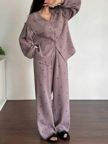 DAZY Ditsy Floral Chiffon Fabric Lace Trim Loose Women Pajama Set, Fall Winter Clothes - Purple - View 3