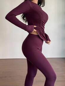 DAZY 女士秋冬褶皱设计针织家居服套装，修身款，秋季睡衣 - 紫色 - 查看 1