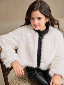 SHEIN Tween Girl Short Plush Elegant White Fuzzy Coat, Autumn & Winter - White - View 6
