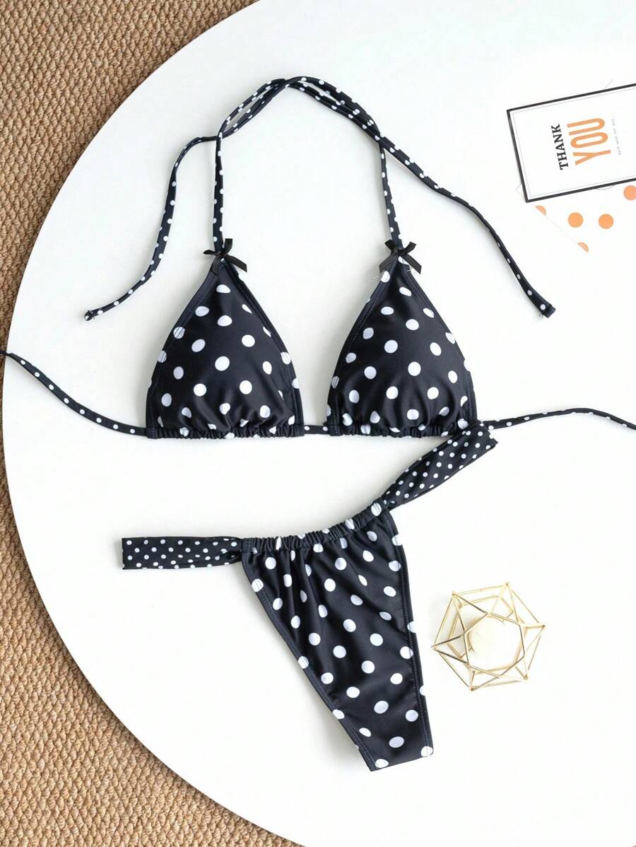 Swim Basics 2 件装夏季海滩黑色圆点印花吊带比基尼泳装带蝴蝶结装饰