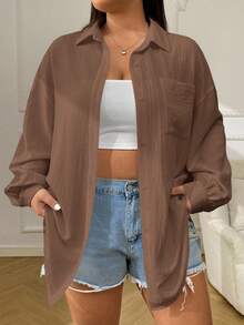 SHEIN EZwear Kemeja Wanita Ukuran Besar Kasual Warna Polos Kancing Sederhana Cokelat, Pakaian Musim Gugur untuk Wanita - Coklat - View 6