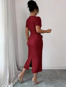Elenzga Women's Solid Color Square Neck Short Sleeve Floral Decor Fitted Elegant Mid-Length Dress - Burgundy - View 2