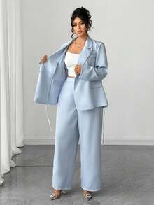 Elenzga Plus Size Women Elegant Solid Color Tie-Up Blazer Suit Set, Suitable For Commuting, Autumn/Winter Fall Cloth For Women - Baby Blue - View 8