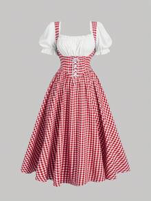 SHEIN MOD 大码复古红白格子女式拼布连衣裙 - 紅白色 - 查看 1