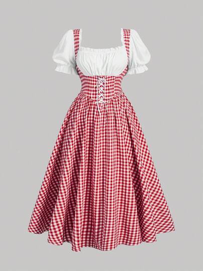 SHEIN MOD Plus Size Vintage Red & White Plaid Patchwork Dress For Women Retro Dress Picnic Dress Gingham Dress Milkmaid Dress Red Gingham Dress