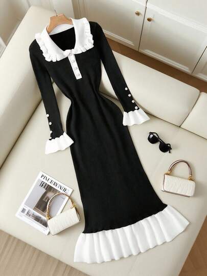 SHEIN Franclia 新款荷叶边针织连衣裙，复古优雅法式秋冬毛衣裙