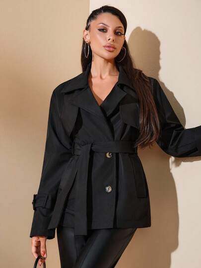 EURMUSE Short Trench Coat With Belt, Epaulettes, Wide Lapel Collar, Long Sleeves With Button Cuffs, Classic And Stylish Outerwear Suit Jacket For Women Blazer Dress For Women Dress Jacket Cover Up Jacket Blazer Skirt Set Blazer Jacket
