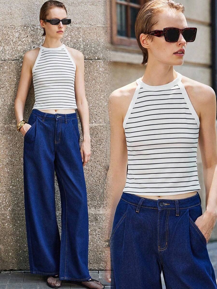 Lumivelle Business Casual Woman Women's Elegant Minimalist Fashion Slim Fit Black And White Striped Camisole Clothes For University - Black and White - View 1