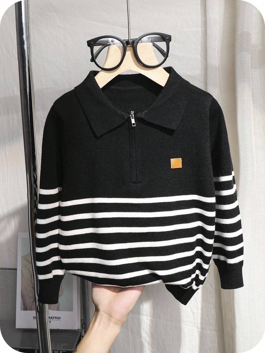 SHEIN 兒童1件小男孩學院風翻領條紋加厚保暖毛衣，秋季職業日返校穿著，舒適時尚簡約實用軟針織冬季上衣 - 彩色 - 查看 1