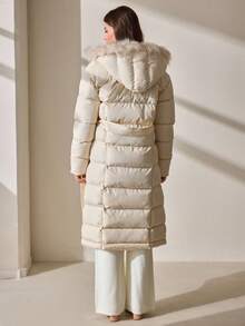 CLARA VERO Women's Beige Belted Padded Coat With Faux Fur Hood, Long Sleeve Quilted Winter Jacket - Beige - View 2