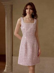 MOTF PREMIUM TWEED FAUX PEARL TRIM MINI DRESS - Pink - View 5