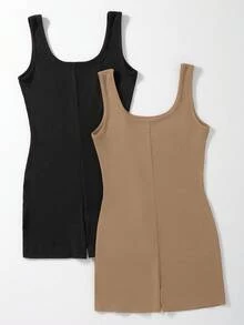 SHEIN Unity 2pcs/Set Solid Color Slim Fit Sleeveless Jumpsuit, Summer - Multicolor - View 2