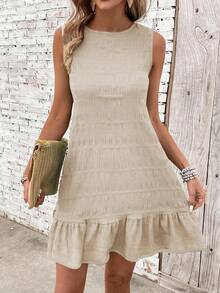 Breezaya Women Solid Color Round Neck Ruffle Hem Sleeveless Dress - Apricot - View 3