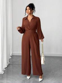 Elenzga Mono informal de talla grande con cintura ajustada y unicolor - Marrón - Ver 3