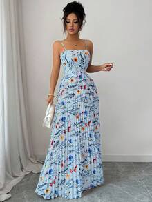 Elenzga Váy yếm xếp ly họa tiết hoa thanh lịch dành cho nữ - Màu xanh lam - Xem 4