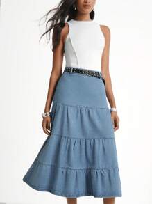 Daynim Saia Denim com Bainha Franzida Sem Cinto - Azul - Visão 4