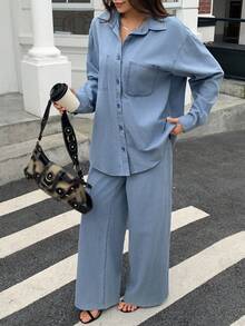 DAZY 女士休闲牛仔时尚两件套，宽松长袖衬衫和阔腿裤，秋季