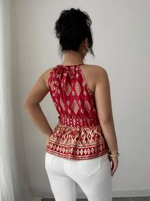 Elenzga Red & Gold Waist Cinched Sleeveless Spaghetti Strap Tie Strap Foil Print Elegant Plus Size Blouse For Women