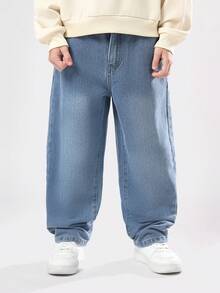 SUMWON 青少年男孩宽松牛仔裤阔腿牛仔裤复古水洗经典宽松剪裁下装日常休闲街头服饰秋冬 - 中等水洗藍 - 查看 4