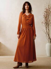 SHEIN Revavyn Women's Elegant Chiffon V-Neck Ruffle Long Dress,Burnt Orange Autumn Beaded Pleated Tea Party Date Retro Western Country Concert Outfit - Rust Brown - View 4