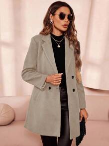 SHEIN Clasi Women's Solid Color Double-Breasted Long Sleeve Woolen Windbreaker, Fashionable For Autumn/Winter - Mocha Brown - View 5