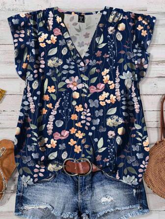 EMERY ROSE Floral Pattern Women's Blue Casual Shirt, Suitable For Summer Chic Blouses For Women