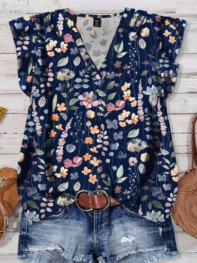 EMERY ROSE Floral Pattern Women's Blue Casual Shirt, Suitable For Summer Chic Blouses For Women