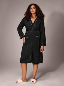 Plus Contrast Piping Belted Robe Without Lingerie Cozy And Elegant Details, For Fall Outfit