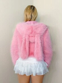 Sweetina Women's Solid Color Rabbit Ear Hooded Jacket, Sexy & Avant-Garde Faux Fur Rabbit Ear Coat, Sweet Y2K Fluffy Outerwear In Fall/Winter - Pink - View 2