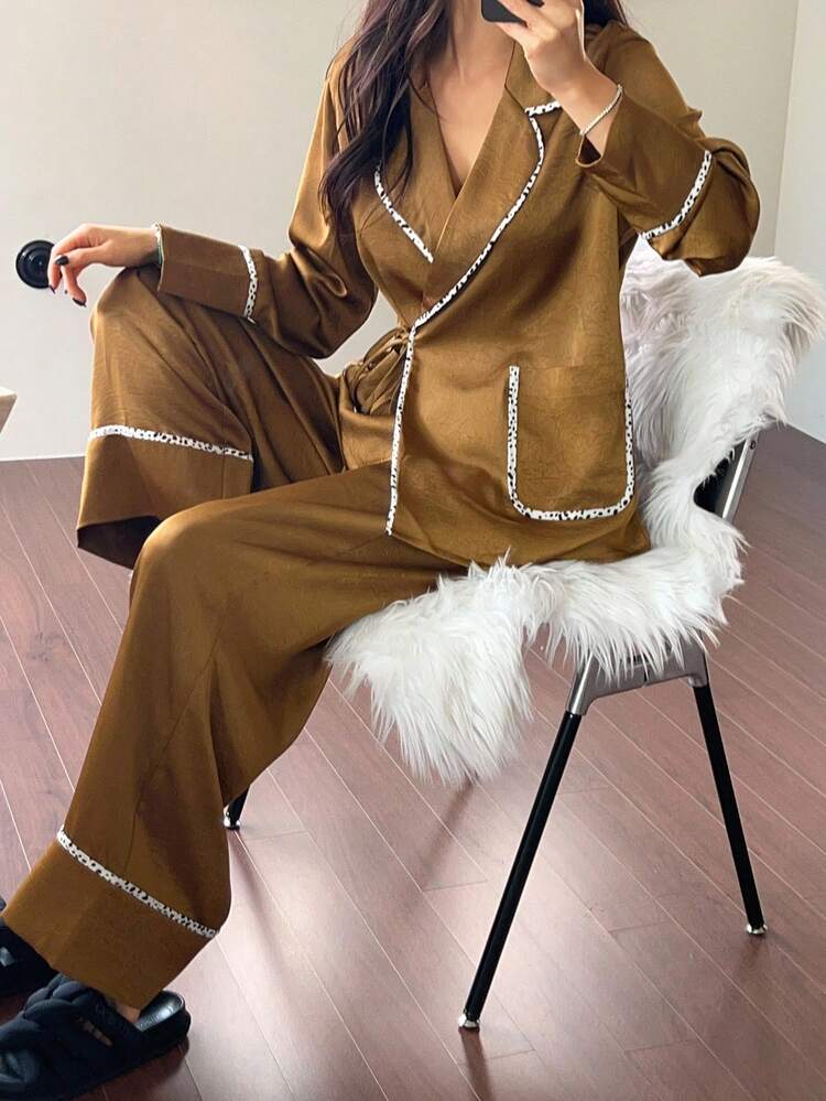 Women's Textured Satin Contrast Dalmatian Trim Pajama Set, Fall Winter Clothes