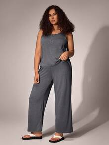 Miss Vinta Plus Size Summer Casual Sleeveless Top And Pants Pajama Set Lounge Set, Outfits - Dark Grey - View 5