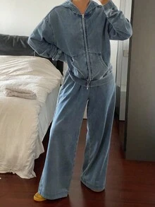 Livesso Women's Hooded Top And Loose Fit Jeans Set, Autumn - Blue - View 5