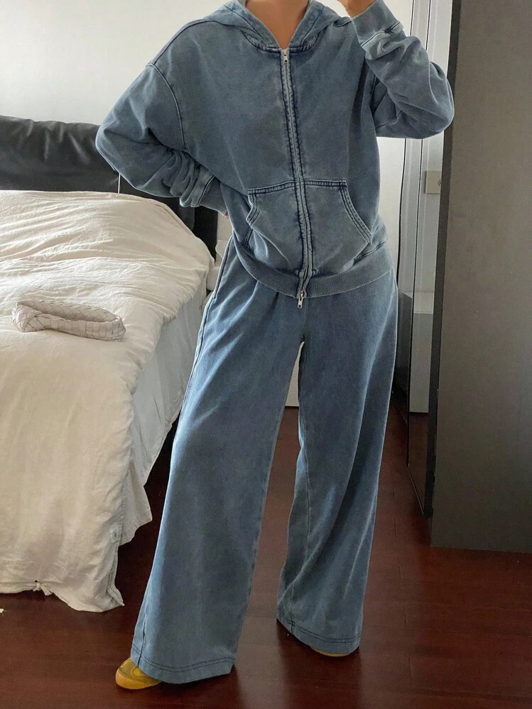 Livesso Women's Hooded Top And Loose Fit Jeans Set, Autumn - Blue - View 5