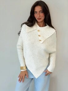Aloruh 女式不对称蝙蝠袖高领纯色经典针织上衣，时尚百搭，适合度假、秋冬 - 白色 - 查看 8