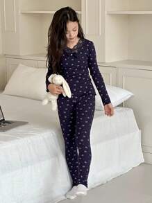 DAZY 2pcs/Set Tween Girls Casual Long Sleeve Top And Pants Homewear Set, Fall - Navy Blue - View 4