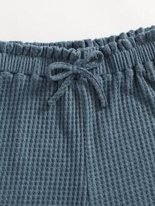 SHEIN Teen Girls Buttoned Front Tank Top & Shorts Set,Summer Clothes - Dusty Blue - View 4