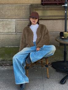 DAZY 女士宽松V领长袖短款休闲蓬松外套，秋冬女式外套 - 棕色 - 查看 3