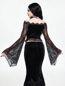 ROMWE EDITION Gothic Palace Mesh Castle Embroidery Contrast Lace Off Shoulder Flare Sleeve Velvet Blouse, Halloween - Black - View 7