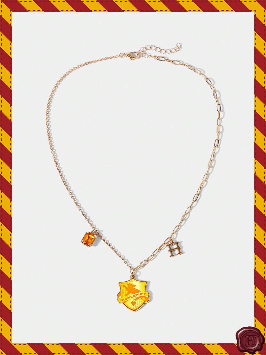 HARRY POTTER X SHEIN 1 pieza Collar de dos tonos con emblema de tejón y cristales de moda - Dorado - Ver 1