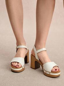 Styleloop Women's Round Toe Chunky Heel Wood Grain Sole High Heeled Sandals, Boho Style, Summer Wear - White - View 5