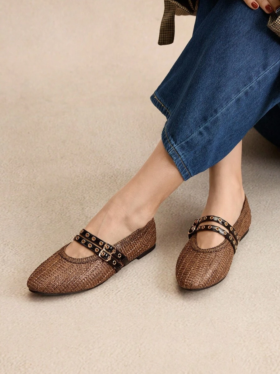 Rosivie 2025年手工编织小众时尚女鞋，新款双扣芭蕾平底鞋 - 咖啡棕 - 查看 1
