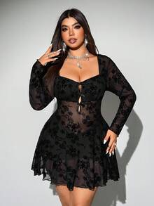 Viva Relle 大码女式秋冬夏植绒紧身连衣裙，性感外出派对短款连衣裙，长袖蝴蝶结装饰，适合日常通勤，黑色连衣裙 - 黑色 - 查看 5