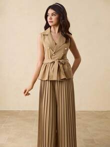 优雅两件套：卡其色休闲褶皱上衣和高腰褶皱长裤，适合少女穿着 - 卡其色 - 查看 4