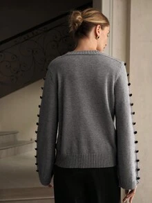 ZEYLAH 女士休闲花卉刺绣纽扣装饰喇叭袖宽松针织毛衣，秋冬 - 灰色 - 查看 3