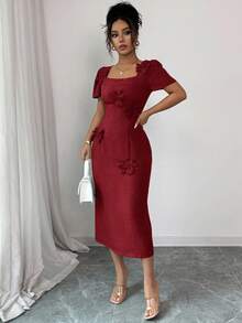 Elenzga Women's Solid Color Square Neck Short Sleeve Floral Decor Fitted Elegant Mid-Length Dress - Burgundy - View 3