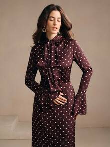 Anewsta 度假风优雅通勤棕色和粉色波尔卡圆点印花领蝴蝶结装饰长袖荷叶边袖女式休闲衬衫 + 高腰直筒女式裙子 2 件套，适合春季、夏季、外出、优雅、正式、派对、别致、新年、圣诞节、毕业典礼 - 棕色 - 查看 5