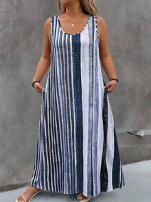 EMERY ROSE 大码休闲印花口袋圆领无袖连衣裙 - 彩色 - 查看 7