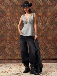 Easelle Sweet And Cool Sexy Hooded Perforated Bodycon Ruffle Hem Grey Women Tank Top Deep V-Shaped Corns, Waist Cinching A Pose - Grey - View 5